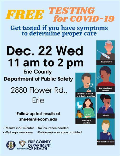 Flyer advertising free COVID-19 testing on 12/22 11-2 p.m., 2880 Flower Road, Erie